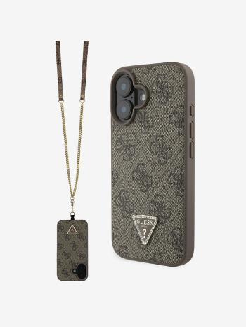 Guess PU 4G Strass Triangle Metal Logo Zadní Kryt + Crossbody Popruh pro iPhone 16 Brown Telefontok Lila