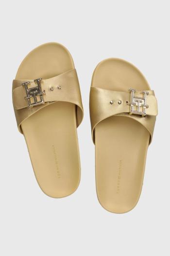 Kožené pantofle Tommy Hilfiger TH HARDWARE GOLD FLAT SANDAL dámské, zlatá barva, FW0FW07947