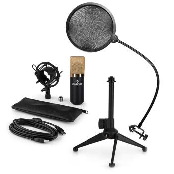 Auna MIC-900BG-LED V2, USB mikrofonní sada, černo zlatý kondenzátorový mikrofon + pop-filter + stolní stativ