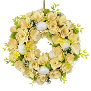 Veľkonočný veniec z drevených kvetov s vajíčkami, 30 cm, biela