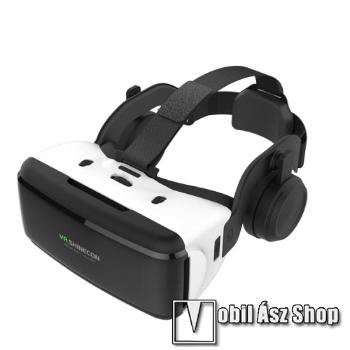 SHINECON videoszemüveg - VR 3D, filmnézéshez ideális, 175mm x 80mm telefon befogadó keret, fejhallgató, CSAK GIROSZKÓPPAL ELLÁTOTT OKOSTELEFONOKKAL MŰKÖDIK - FEKETE / FEHÉR (SÉRÜLT CSOMAGOLÁS!