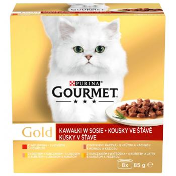 Gourmet Gold Multipack hovězí/krůta s kachnou/losos s kuřetem/kuře s játry ve šťávě 8x85g