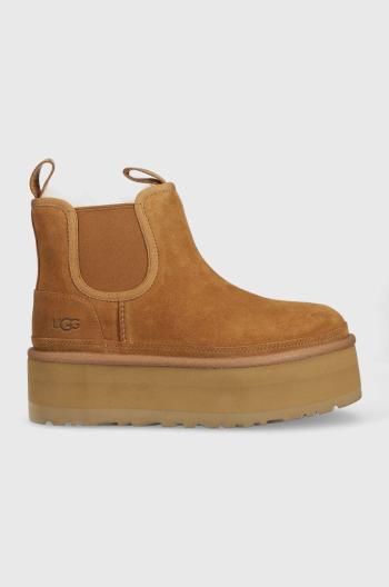 Semišové kotníkové boty UGG W Neumel Platform Chelsea dámské, hnědá barva, na platformě, zateplené