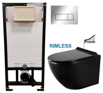 DEANTE Podomítkový rám, pro závěsné WC mísy + SLIM tlačítko chrom + WC MEXEN LENA ČERNÁ Rimless + SEDÁTKO CST_WC01 051P ME01