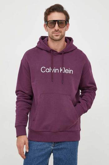 Bavlněná mikina Calvin Klein pánská, fialová barva, s kapucí, s aplikací