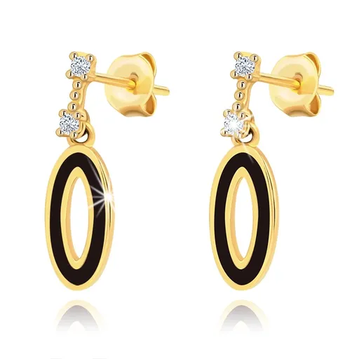 Zlaté náušnice 14K oválneho tvaru s černou glazurou a zirkony