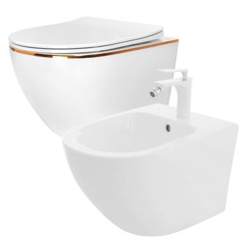 REA/S SET závěsné WC Carlo Flat Mini Gold Edge Rimless + Bidet Carlo Mini REA-C1222 + REA-C2276