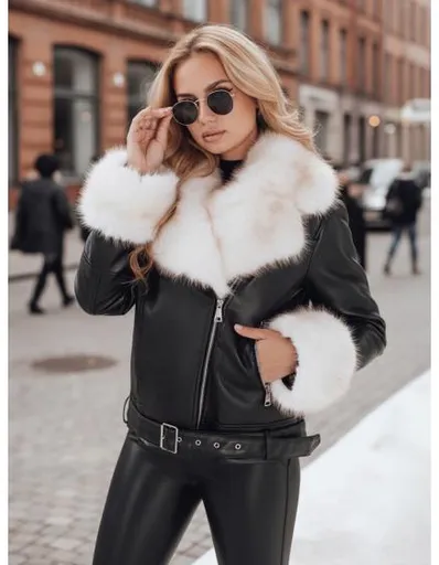 Dámská bunda typu ramoneska s kožešinou, černá