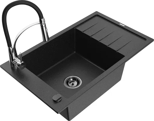 MEXEN/S Elias granitový dřez 1 s odkapávačem včetně baterie Aster, černá/stříbrná metalik 6511-73-73450-07-B