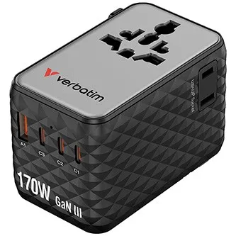 Verbatim 30190, Cestovní adaptér univerzální Charge ,n, Travel 2x USB-C, 2X USB-A + 1x integrovaný kabel USB-C, černá, 170 W