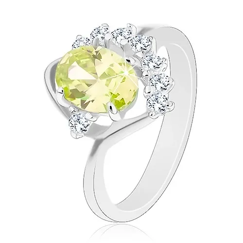 Blýskavý prsten s ohnutým ramenem, oválný zirkon v zeleném odstínu, čirý oblouk - Velikost: 59