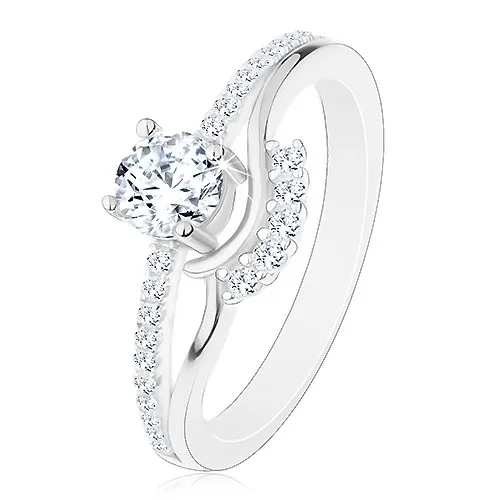 Stříbrný 925 prsten - zásnubní, rozdělená ramena, zirkon, vlnky a třpytivá linie - Velikost: 50