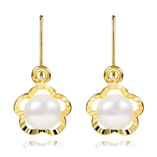 Zlaté dětské náušnice 14K se sladkovodní perlou v květinovém motivu