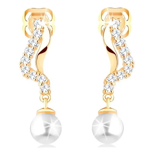 Zlaté náušnice 14K se zvlněnými liniemi, zirkony a perlou
