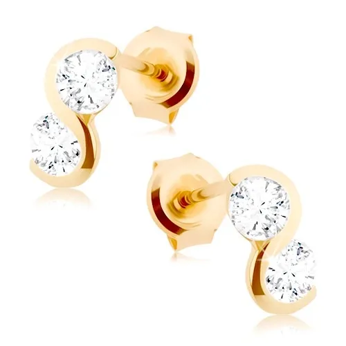 Zlaté náušnice 585 - lesklá hladká vlnka, dva čiré blýskavé zirkony