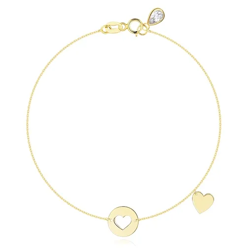 Náramek ze žlutého zlata 585 - kruh s výřezem srdce, ploché srdce, zirkonová slza
