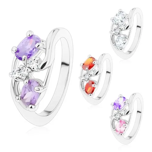 Prsten stříbrné barvy, tenká zahnutá ramena, barevné ovály, čiré zirkonky - Velikost: 51, Barva: Čirá