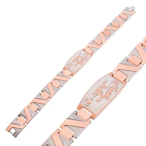 Ocelový náramek s čínským drakem a cik-cak pruhem měděné barvy