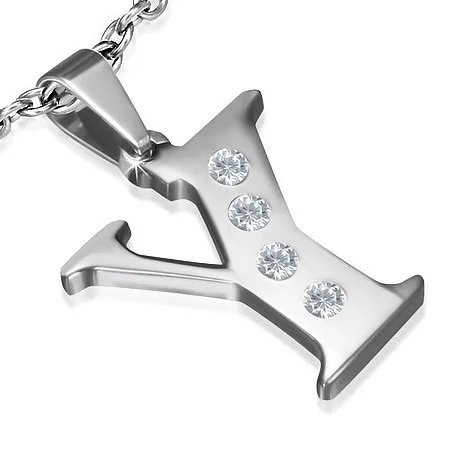 Přívěsek z oceli - písmeno ve tvaru Y, čiré zirkony