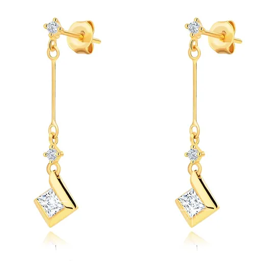 Náušnice ze žlutého 14K zlata - čiré zirkony, tenká tyčinka s blýskavým čtverečkem