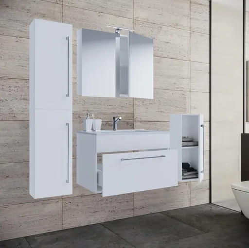 VCM 5dílná stojící umyvadlová skříňka Badinos 1 zásuvka 80 cm se zrcadlem, střední a vysokou skříňkou, bílá