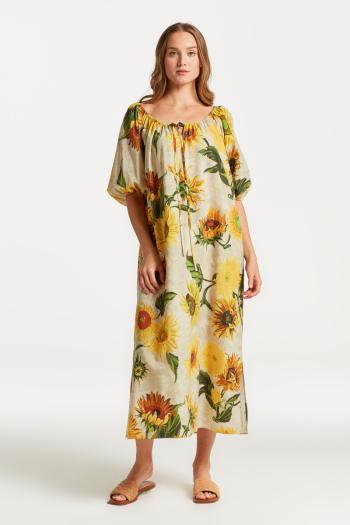 ŠATY GANT GATHERED SUNFLOWER PRINT DRESS CONCRETE BEIGE