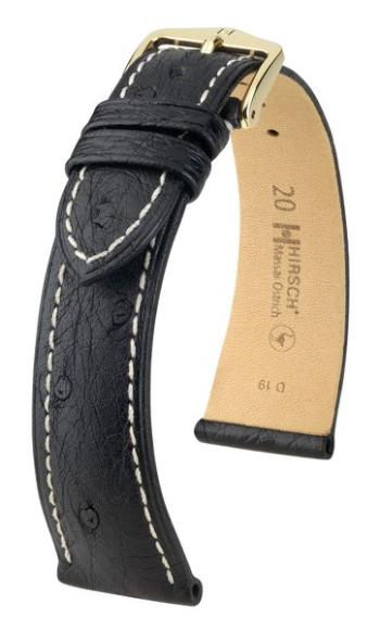 Řemínek Hirsch Massai Ostrich - černý, bílé prošití - 19 mm - L – Standardní délka (doporučujeme) - 16 mm - Zlatá