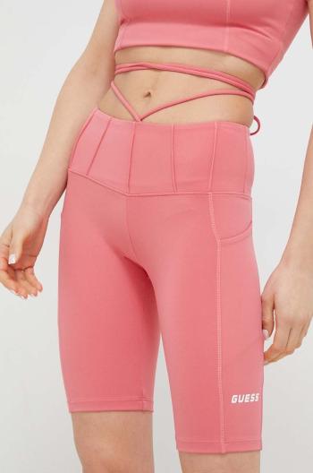 Kraťasy Guess dámské, růžová barva, hladké, high waist