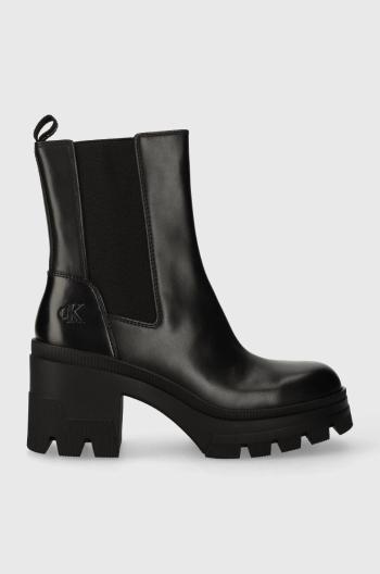 Kožené kotníkové boty Calvin Klein Jeans CHUNKY HEELED CHELSEA BOOT LTH dámské, černá barva, na podpatku, YW0YW01112