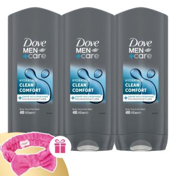 Dove Men+Care Tusfürdő Clean Comfort 3x400ml + Ajándék Hajpánt