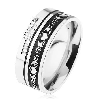 Prsteň z ocele 316L, strieborná farba, čierny pruh, ornamenty, 8 mm - Veľkosť: 64 mm