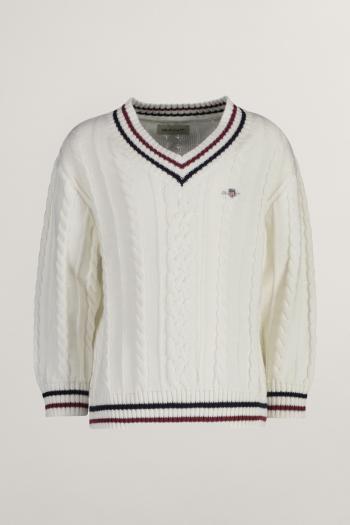 SVETR GANT STRIPED CABLE KNIT V-NECK EGGSHELL