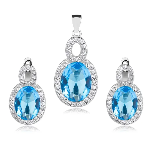 Sada ze stříbra 925, přívěsek a náušnice, oválný zirkon akvamarínové barvy