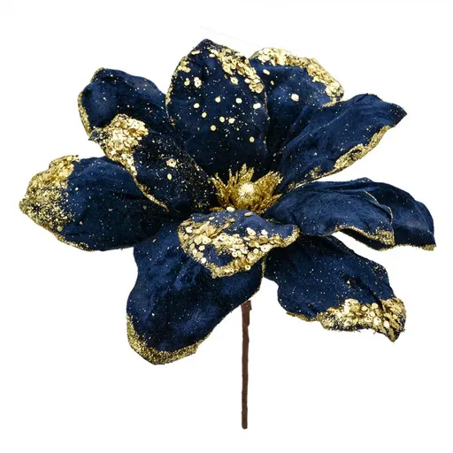 Modro-zlatá dekorace květina vánoční hvězda Poinsettia - Ø 24*27 cm Clayre & Eef