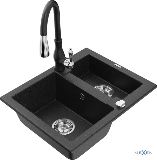 MEXEN/S Carlos granitový dřez 1.5 včetně baterie Savita, černá/stříbrná metalik 6518-73-672601-70