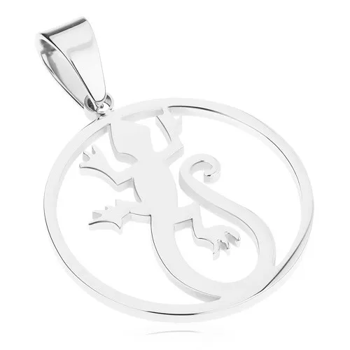 Lesklý kruhový přívěsek z oceli 316L, stříbrná barva, ještěrka v obrysu kruhu