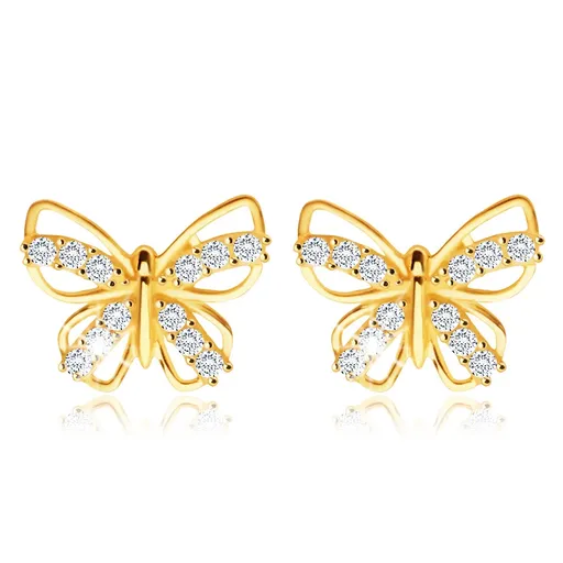 Puzetové náušnice ve žlutém 14K zlatě - kontura motýla s čirými zirkony