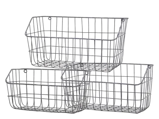 3ks zinkový antik nástěnný drátěný košík Fil de fer Basket - 40*19*20/ 35*17*19/ 30*14*15cm 15022800 (15228-00)