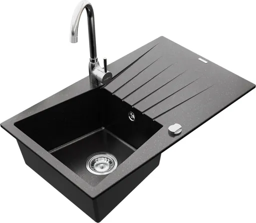 MEXEN/S Cesar granitový dřez 1 s odkapávačem včetně baterie Telma, černá/stříbrný 6514-73-670200-00