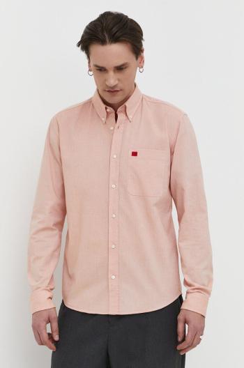 Bavlněná košile HUGO oranžová barva, slim, s límečkem button-down, 50479302