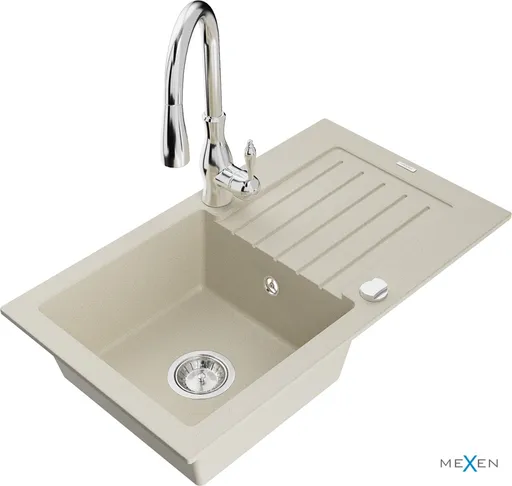 MEXEN/S Pablo granitový dřez 1 s odkapávačem včetně baterie Savita, béžová 6510-69-672601-00