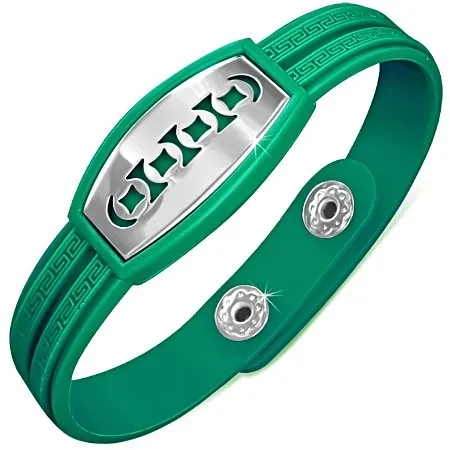 Tmavozelený náramek z gumy, známka s vyřezanými kruhy