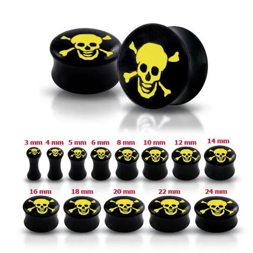 Sedlový černý plug do ucha, lebka a zkřížené hnáty - Tloušťka : 10 mm