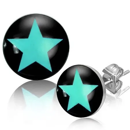 Puzetové náušnice z oceli, modrá hvězda na černém podkladu