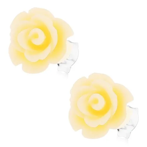 Stříbrné 925 náušnice, růže ve světle žluté barvě, zapínání na puzetky