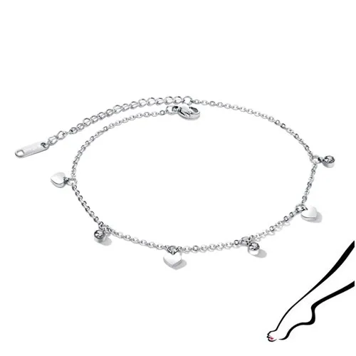 Ocelový náramek na nohu - hladká srdce, kulaté zirkony, stříbrná barva