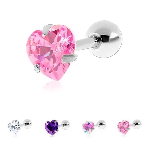 Piercing do tragu z chirurgické oceli, zirkonové srdíčko - Hlavička: 3 mm, Barva zirkonu: Duhová - AB