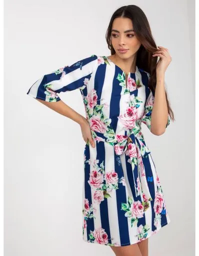 Dámské šaty květinové koktejlové AILEEN bílé a tmavě modré