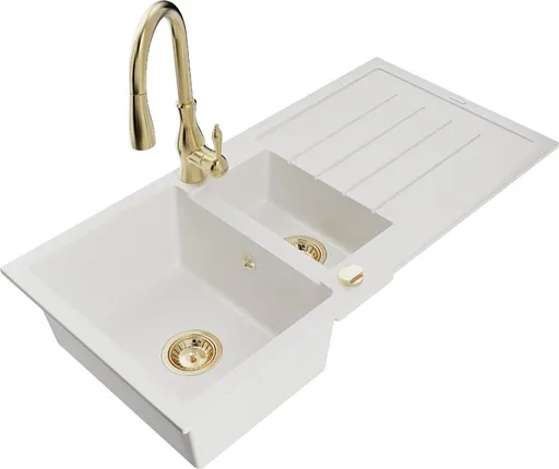 MEXEN/S Andres granitový dřez s odkapávačem včetně baterie Savita, bílá 6515-20-672601-50