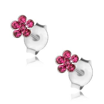 Strieborné náušnice 925, trblietavý kvietok z fuksiových krištálikov Swarovski